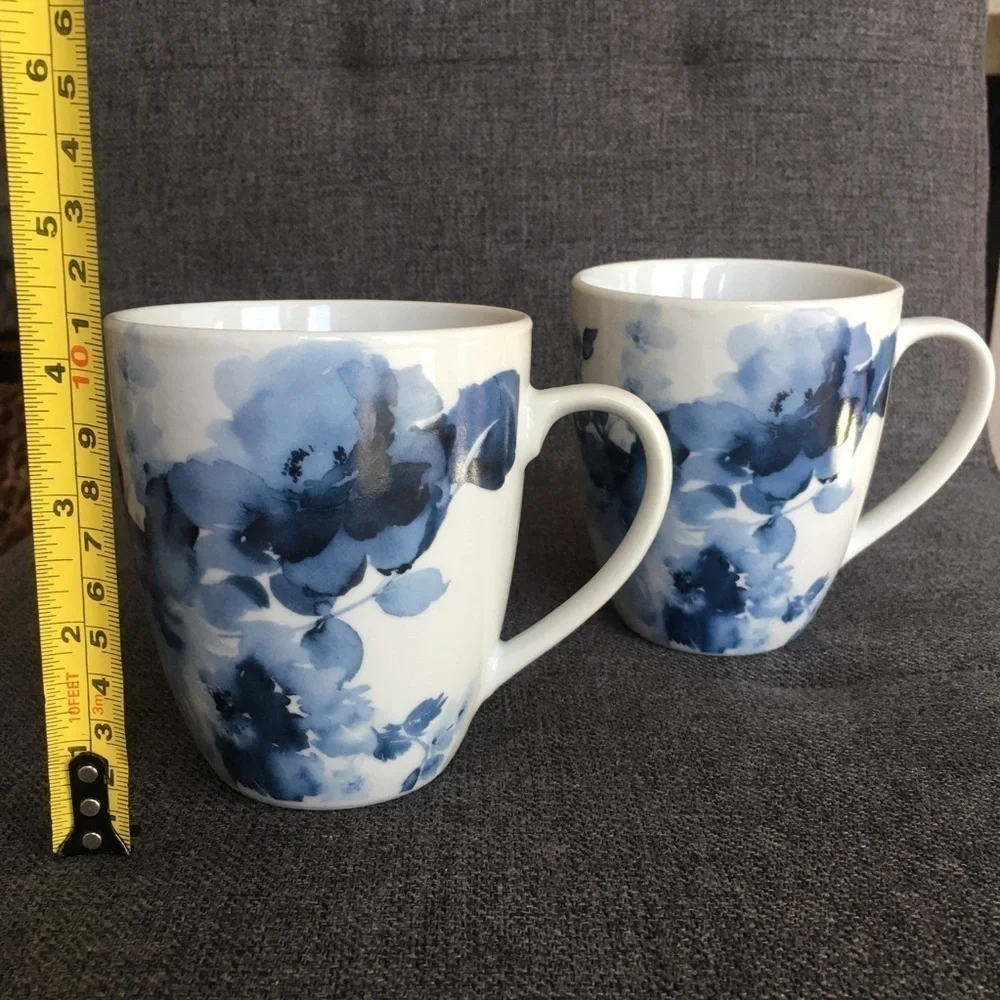 Set of 2 Midnight Roses Porcelain Coffee Mugs Blue White 12 oz